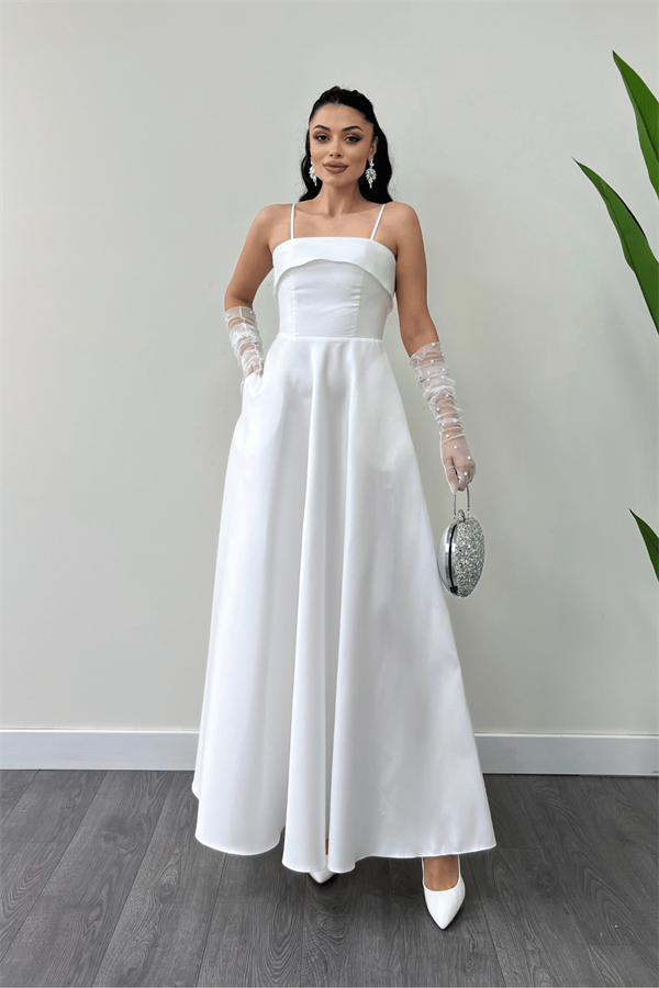 Tafta Saten Kumaş Askılı Abiye Elbise - BEYAZ