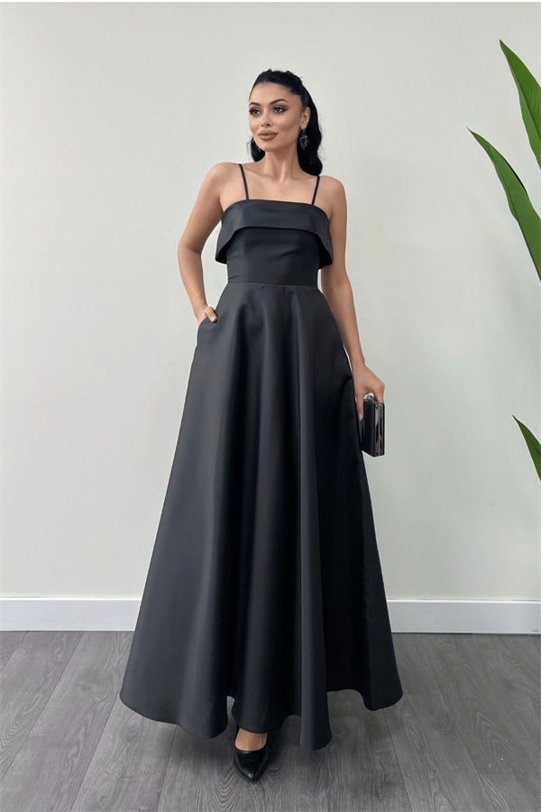 Tafta Saten Kumaş Askılı Abiye Elbise - SİYAH