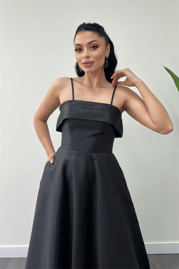 Tafta Saten Kumaş Askılı Abiye Elbise - SİYAH