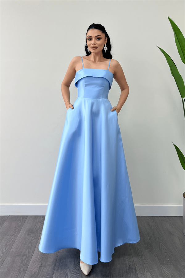 Tafta Saten Kumaş Askılı Abiye Elbise - BEBE MAVİSİ