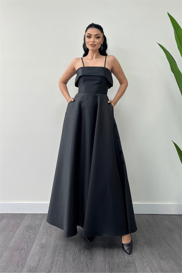 Tafta Saten Kumaş Askılı Abiye Elbise - SİYAH