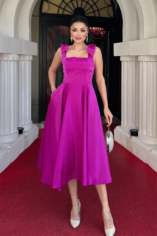 Tafta Saten Kumaş Askılı Cepli Midi Elbise - FUŞYA