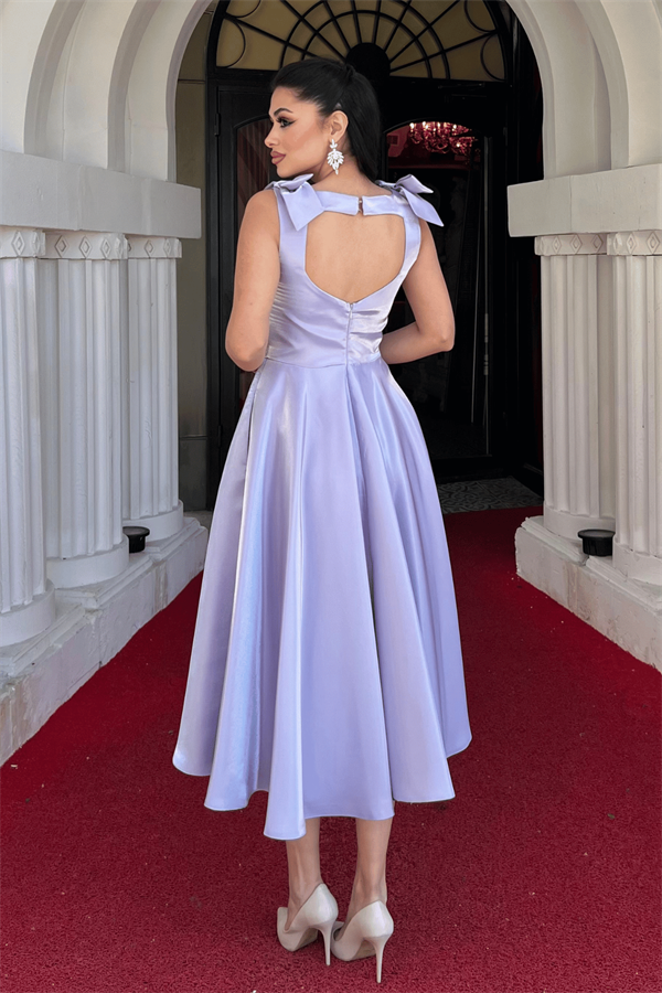 Tafta Saten Kumaş Askılı Cepli Midi Elbise - LİLA