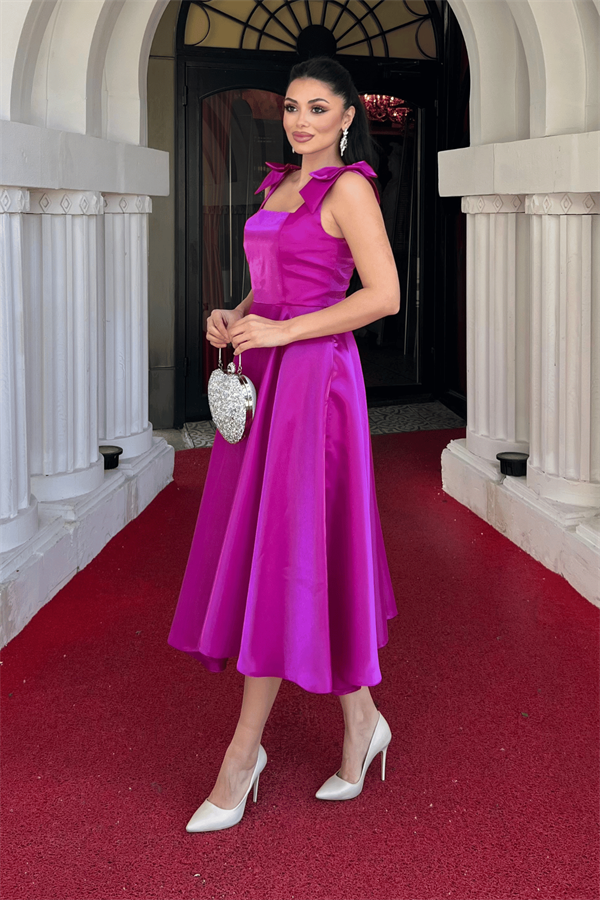 Tafta Saten Kumaş Askılı Cepli Midi Elbise - FUŞYA