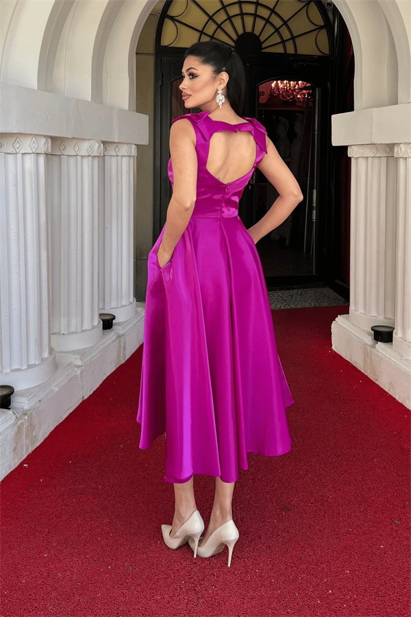 Tafta Saten Kumaş Askılı Cepli Midi Elbise - FUŞYA