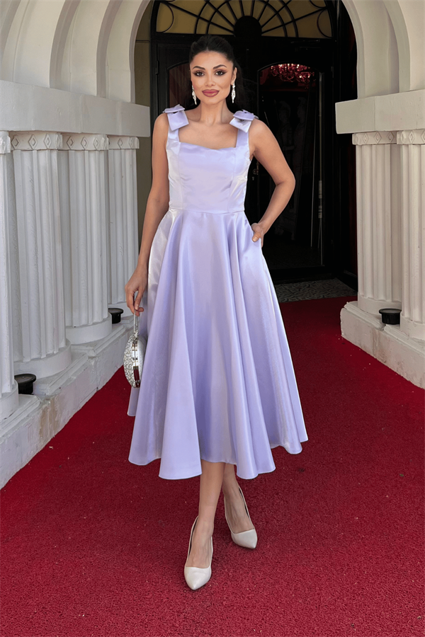 Tafta Saten Kumaş Askılı Cepli Midi Elbise - LİLA