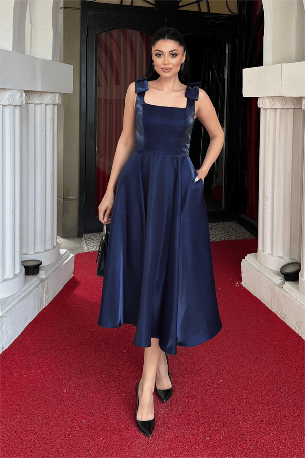 Tafta Saten Kumaş Askılı Cepli Midi Elbise - LACİVERT