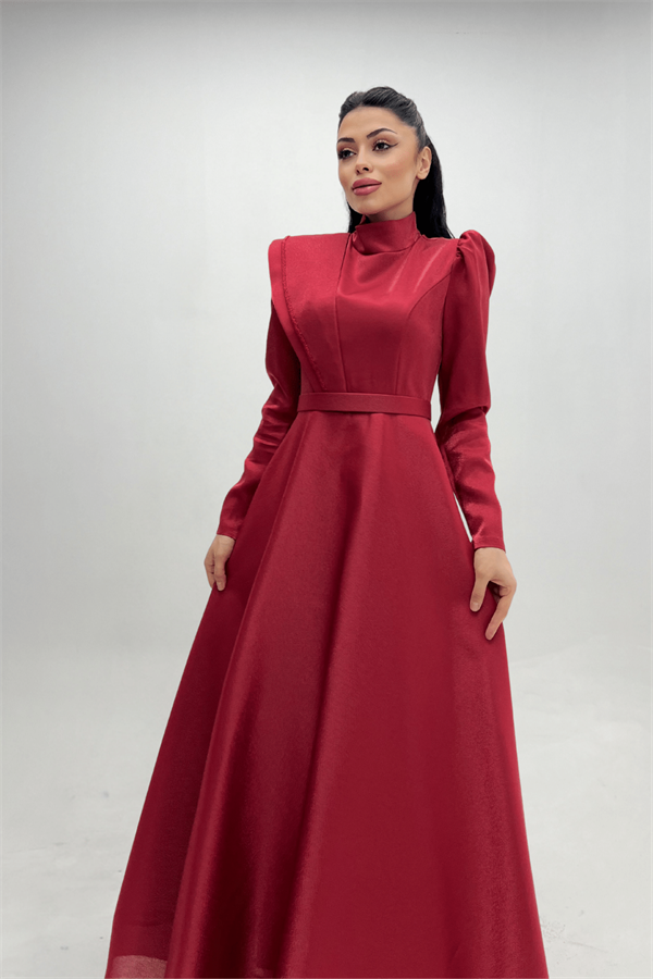 Tafta Saten Kumaş Gren Detaylı Abiye Elbise - BORDO