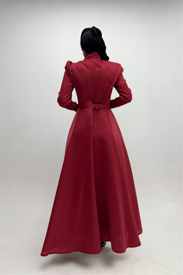 Tafta Saten Kumaş Gren Detaylı Abiye Elbise - BORDO