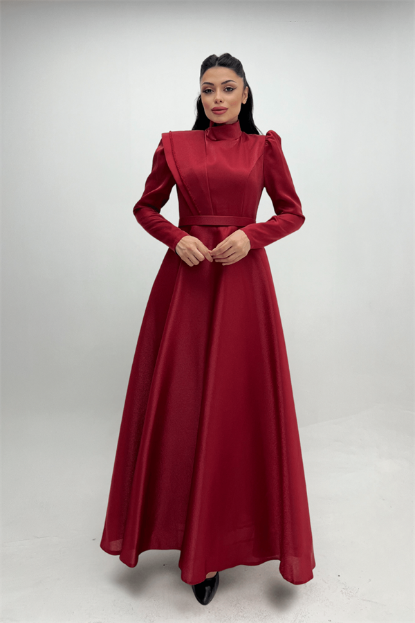 Tafta Saten Kumaş Gren Detaylı Abiye Elbise - BORDO