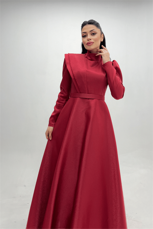 Tafta Saten Kumaş Gren Detaylı Abiye Elbise - BORDO