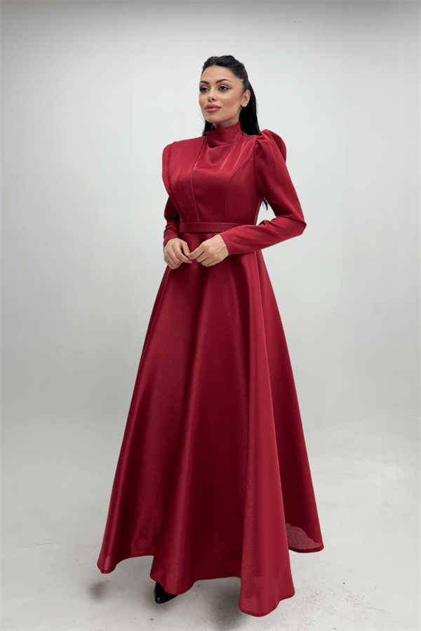 Tafta Saten Kumaş Gren Detaylı Abiye Elbise - BORDO