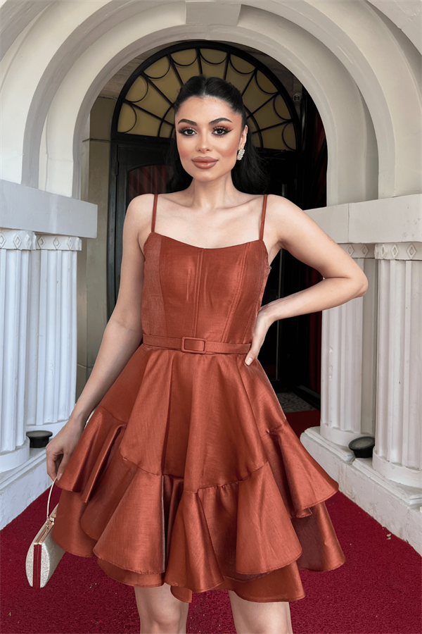 Tafta Saten Kumaş Mini Elbise - KİREMİT