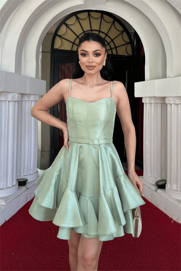 Tafta Saten Kumaş Mini Elbise - MİNT YEŞİLİ