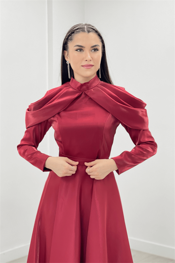 Tafta Saten Kumaş Omuz Detaylı Abiye Elbise - KIRMIZI