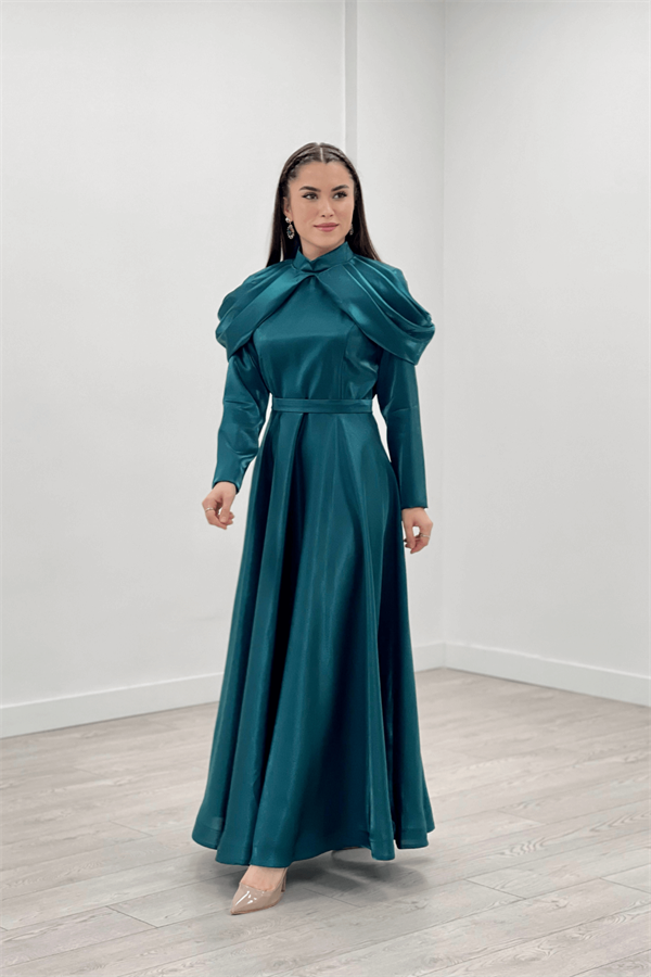 Tafta Saten Kumaş Omuz Detaylı Abiye Elbise - TURKUAZ