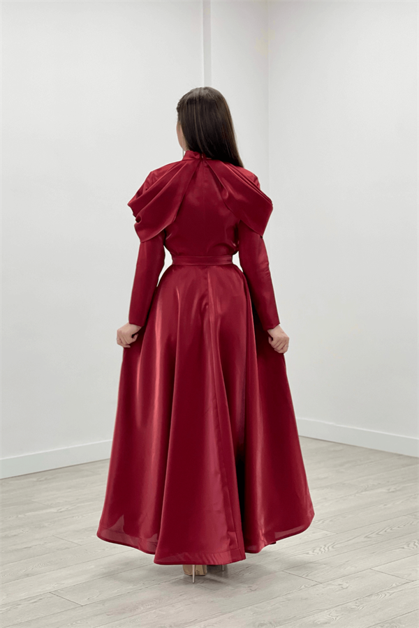 Tafta Saten Kumaş Omuz Detaylı Abiye Elbise - KIRMIZI