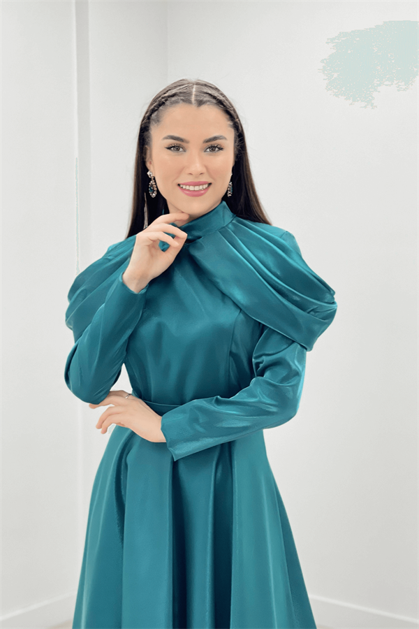 Tafta Saten Kumaş Omuz Detaylı Abiye Elbise - TURKUAZ