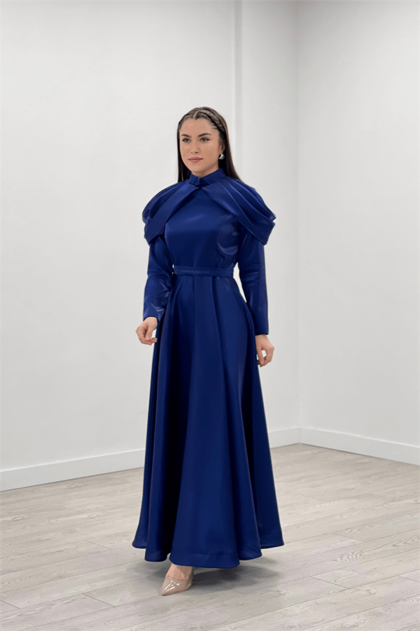 Tafta Saten Kumaş Omuz Detaylı Abiye Elbise - LACİVERT
