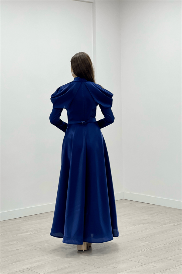 Tafta Saten Kumaş Omuz Detaylı Abiye Elbise - LACİVERT