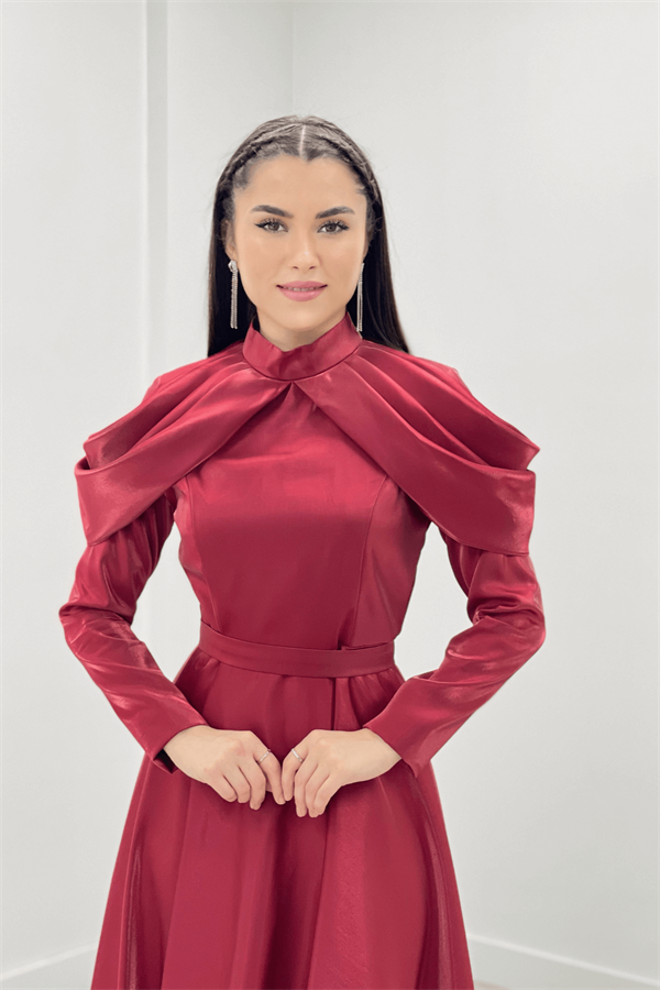 Tafta Saten Kumaş Omuz Detaylı Abiye Elbise - KIRMIZI