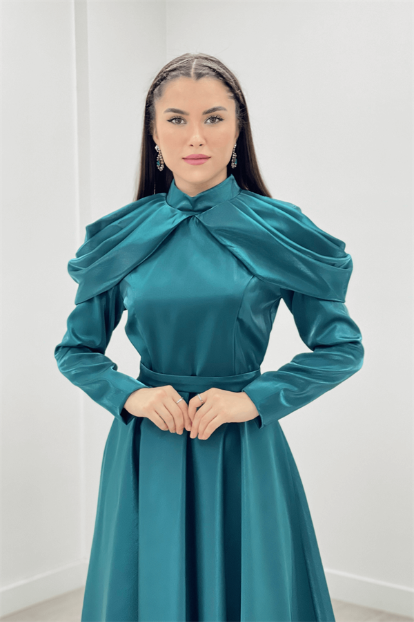 Tafta Saten Kumaş Omuz Detaylı Abiye Elbise - TURKUAZ