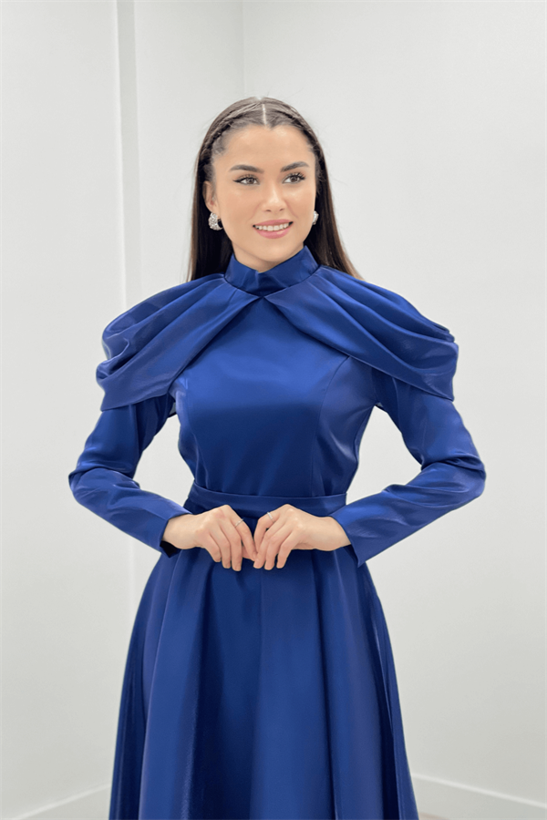 Tafta Saten Kumaş Omuz Detaylı Abiye Elbise - LACİVERT