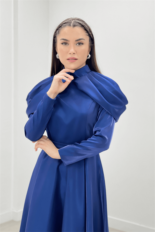 Tafta Saten Kumaş Omuz Detaylı Abiye Elbise - LACİVERT