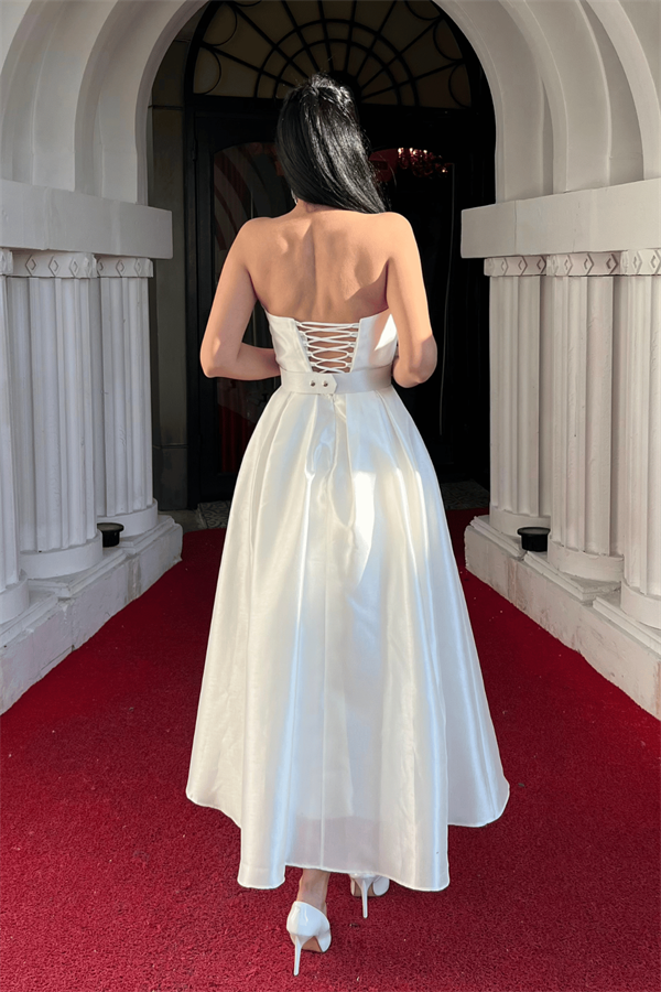 Tafta Saten Kumaş Straplez Midi Elbise - BEYAZ