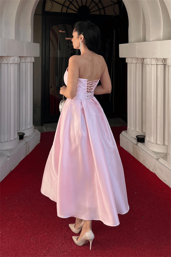 Tafta Saten Kumaş Straplez Midi Elbise - PEMBE