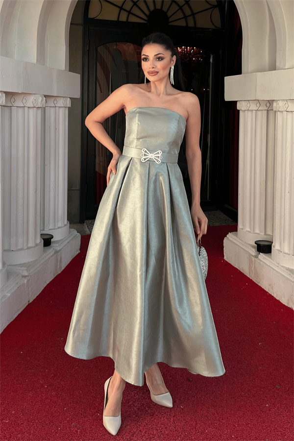 Tafta Saten Kumaş Straplez Midi Elbise - HAKİ YEŞİLİ