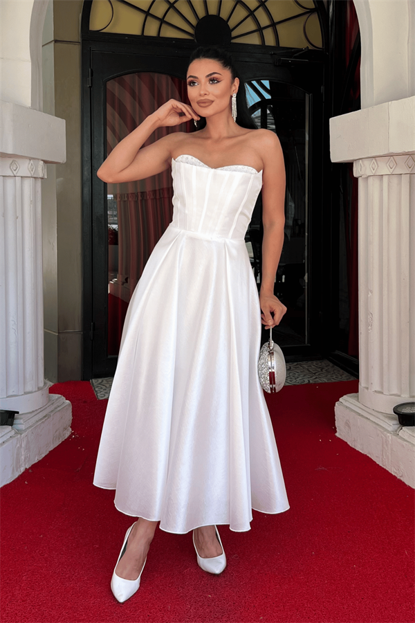 Tafta Saten Kumaş Straplez Midi Elbise - BEYAZ