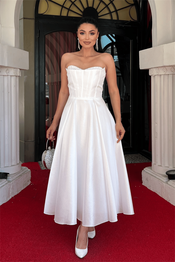 Tafta Saten Kumaş Straplez Midi Elbise - BEYAZ