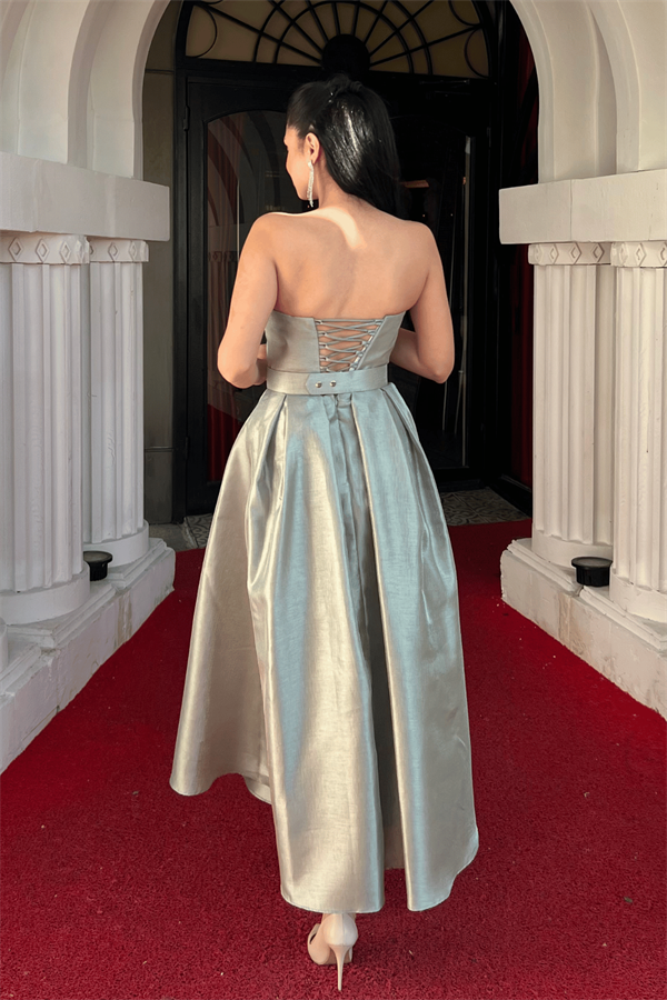 Tafta Saten Kumaş Straplez Midi Elbise - HAKİ YEŞİLİ