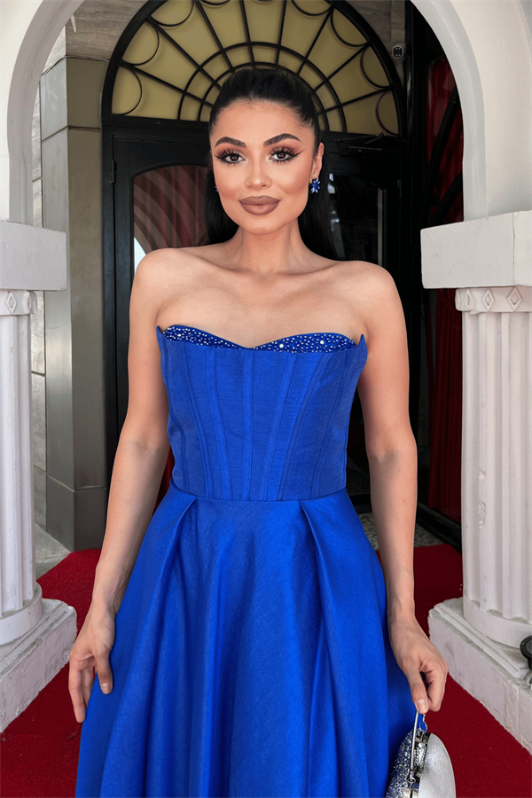 Tafta Saten Kumaş Straplez Midi Elbise - SAKS MAVİ