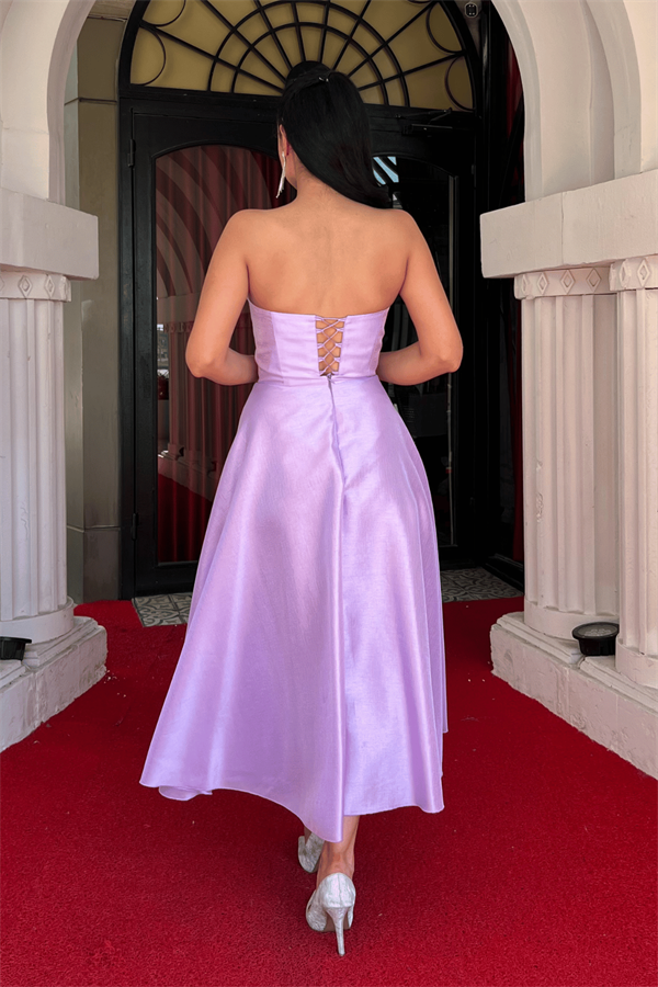 Tafta Saten Kumaş Straplez Midi Elbise - LİLA