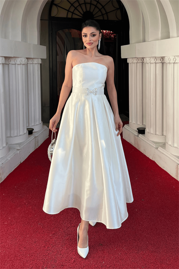 Tafta Saten Kumaş Straplez Midi Elbise - BEYAZ