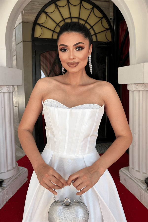 Tafta Saten Kumaş Straplez Midi Elbise - BEYAZ