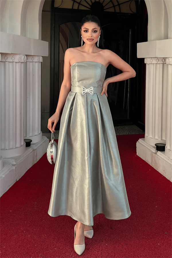 Tafta Saten Kumaş Straplez Midi Elbise - HAKİ YEŞİLİ