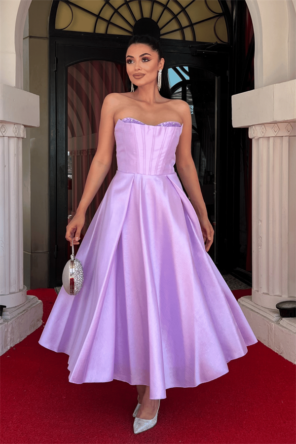 Tafta Saten Kumaş Straplez Midi Elbise - LİLA