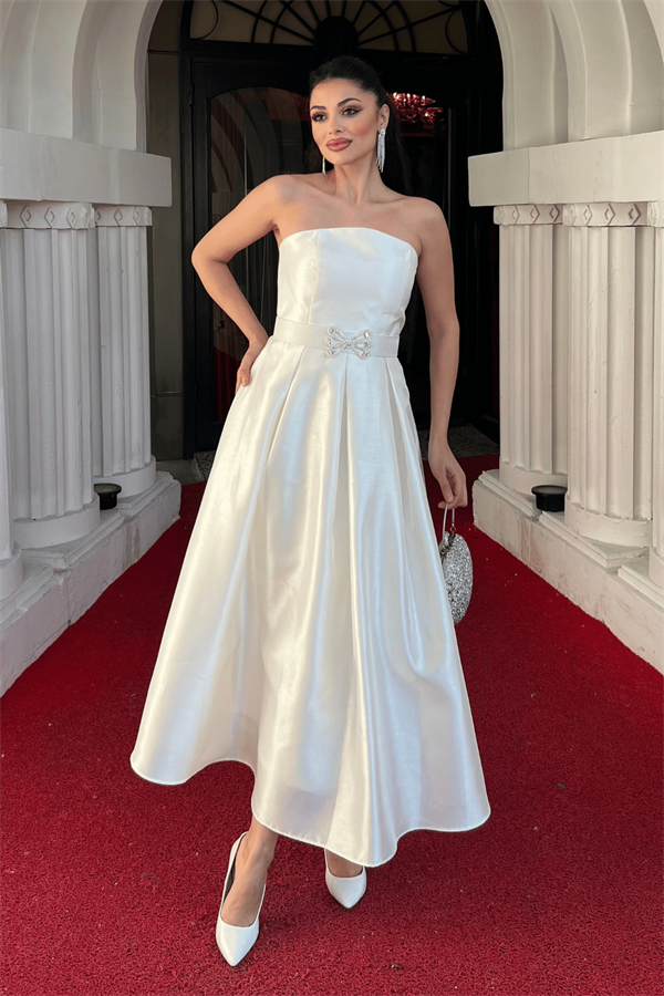 Tafta Saten Kumaş Straplez Midi Elbise - BEYAZ