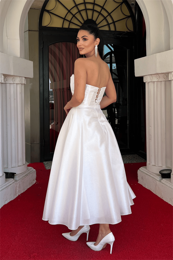 Tafta Saten Kumaş Straplez Midi Elbise - BEYAZ