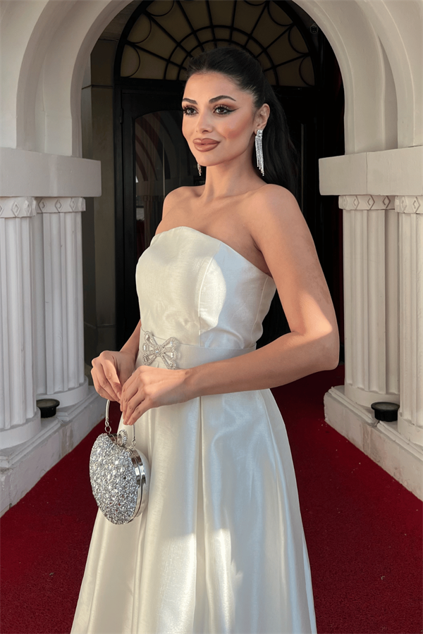 Tafta Saten Kumaş Straplez Midi Elbise - BEYAZ