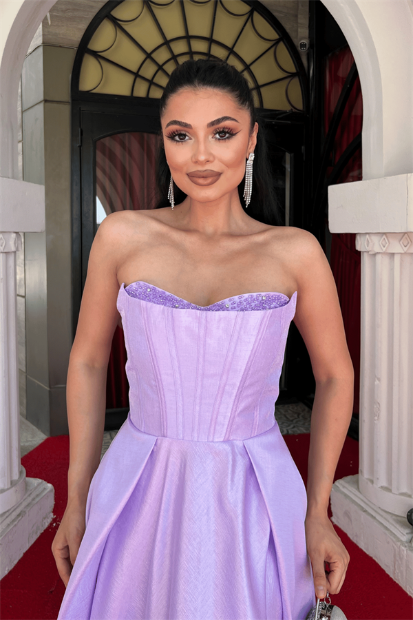 Tafta Saten Kumaş Straplez Midi Elbise - LİLA