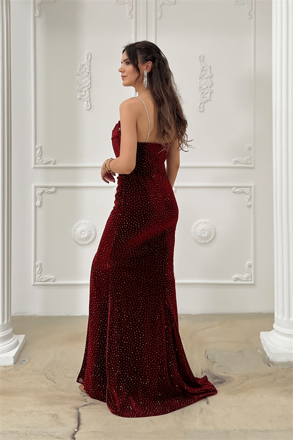 Taşlı Jakar  Kumaş Askılı Abiye Elbise - BORDO