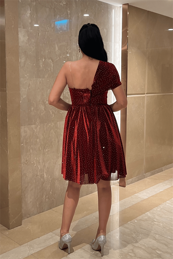 Taşlı Tül Kumaş Büzgü Detaylı Mini Elbise - BORDO
