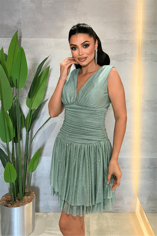 Taşlı Tül Kumaş Drape Detaylı Mini Elbise - MİNT YEŞİLİ