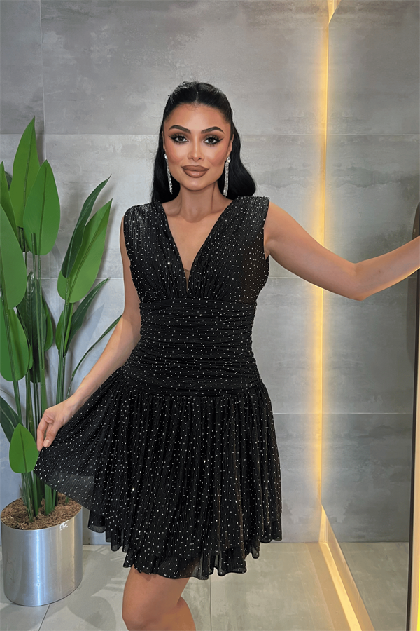 Taşlı Tül Kumaş Drape Detaylı Mini Elbise - SİYAH