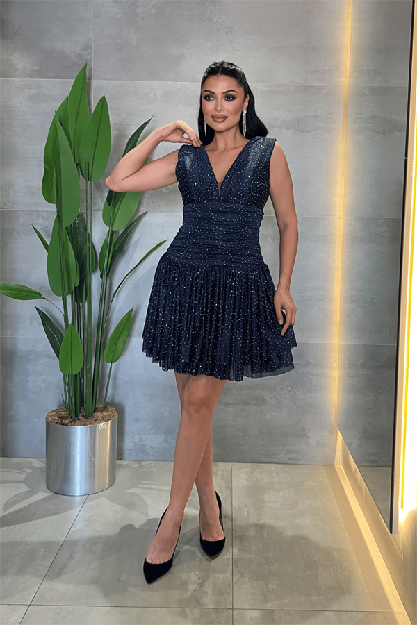 Taşlı Tül Kumaş Drape Detaylı Mini Elbise - LACİVERT
