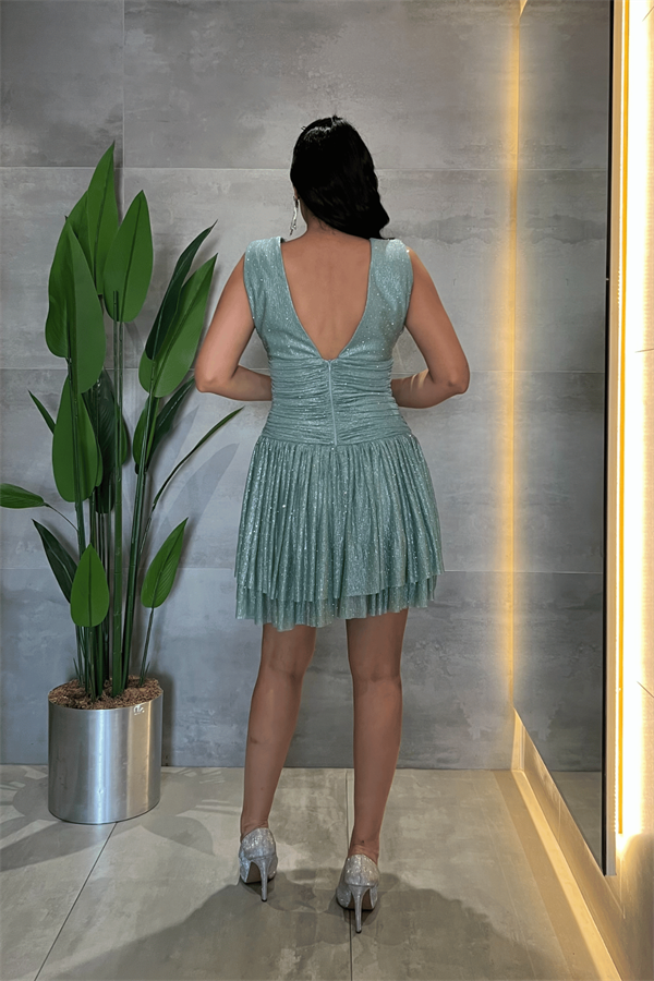 Taşlı Tül Kumaş Drape Detaylı Mini Elbise - MİNT YEŞİLİ